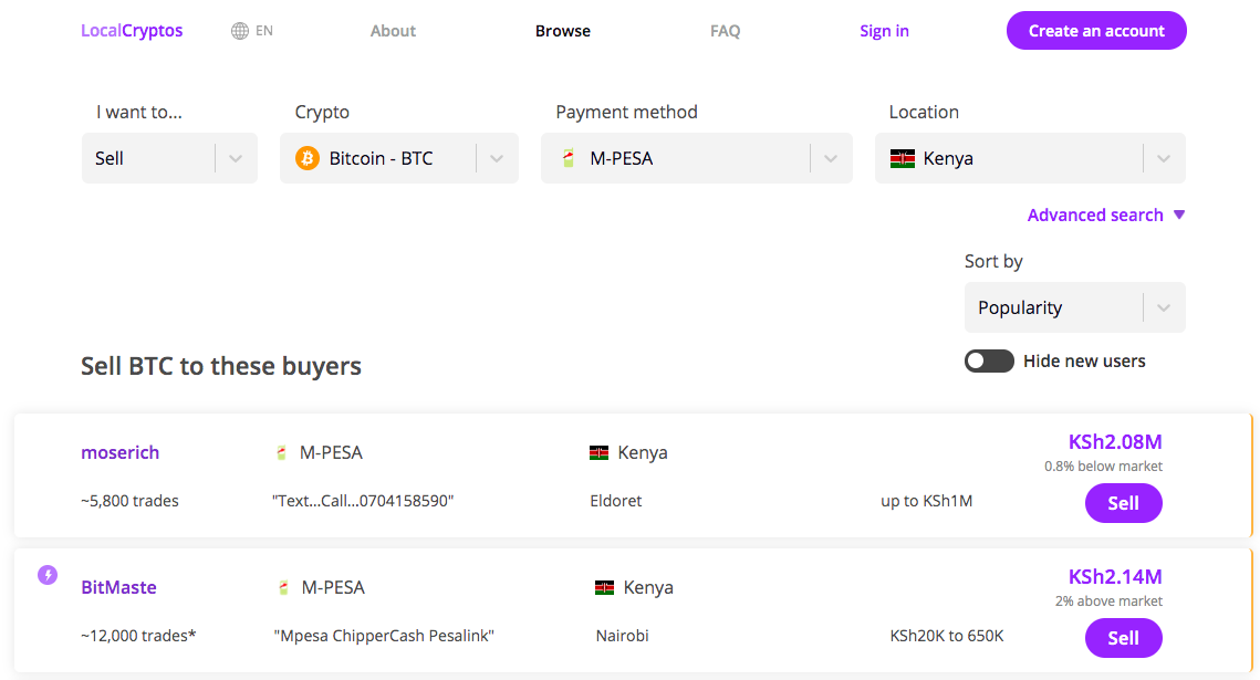 Sell Bitcoin for MPESA on LocalCryptos